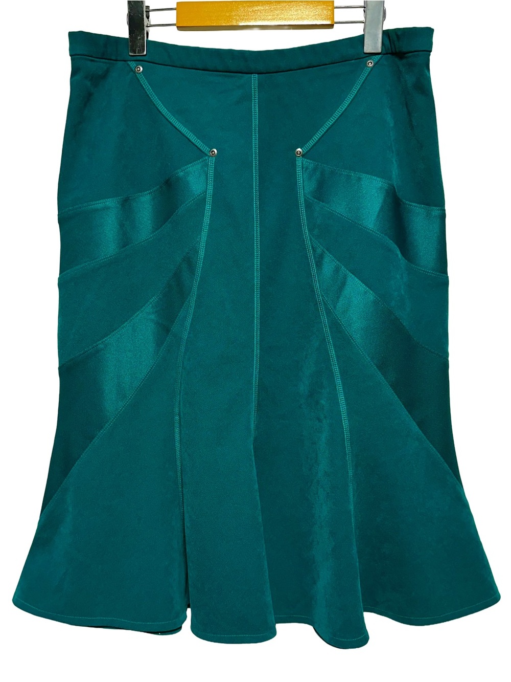 Teal Mermaid Trumpet Flare Midi Skirt Stretch Paneled Y2K Office Cocktail 14